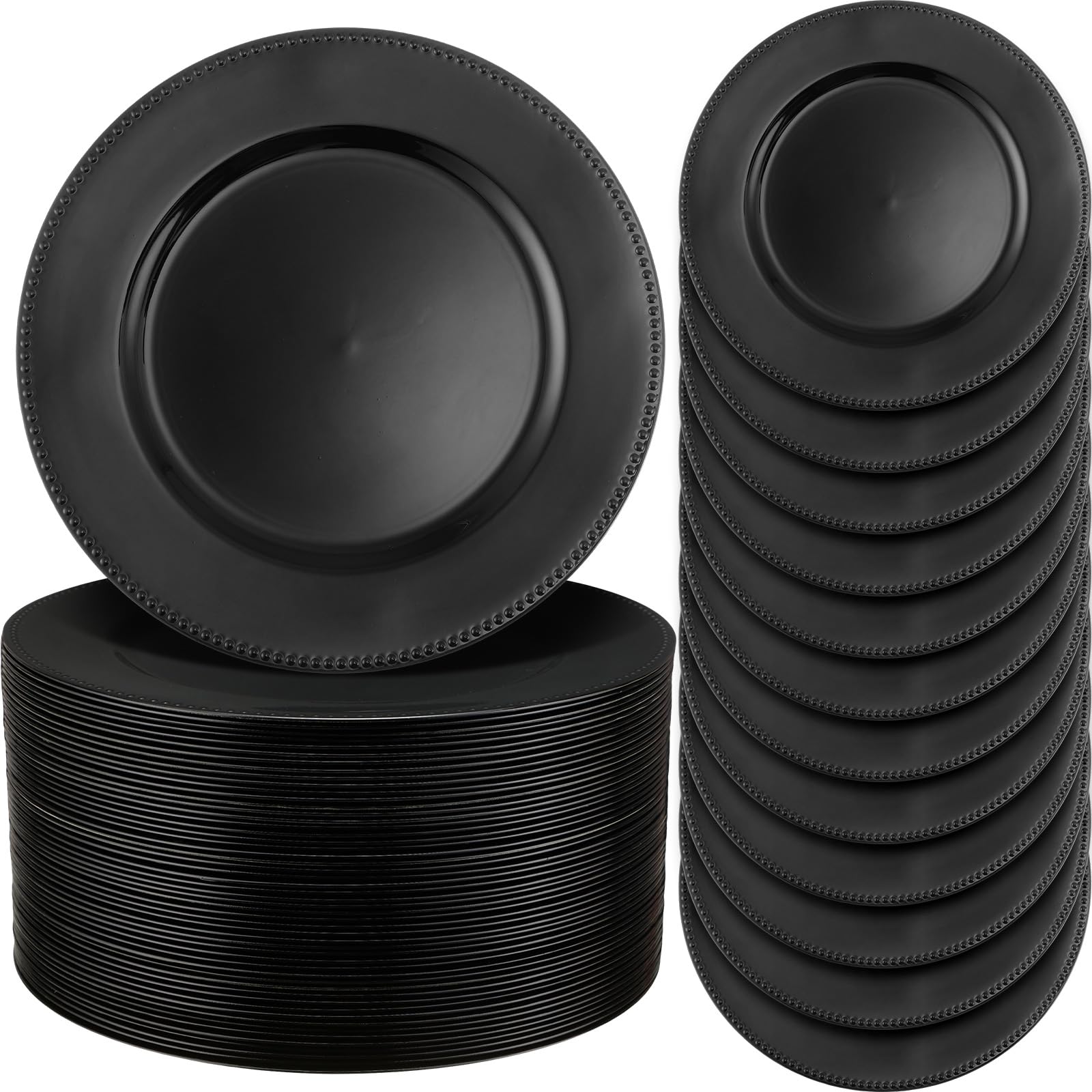 Dandat 150 Pcs Painted Charger Plates with Beads, 13" Light Luxury Round Vintage Charger Plates Table Decoration Charger Plates Reusable Dinner Charger Plates for Dining Table Wedding (Black)