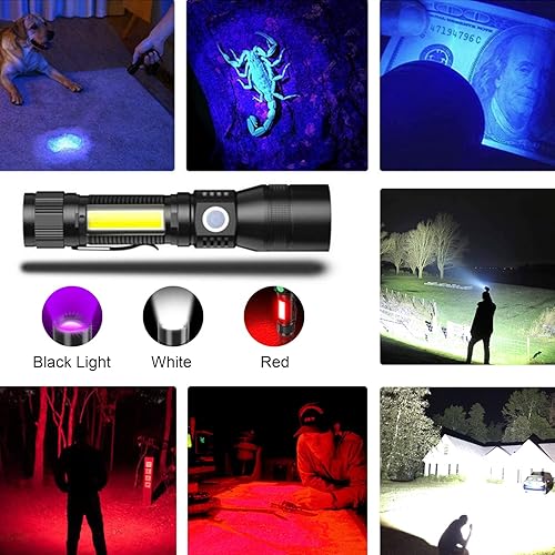Miniatura 2 de Linterna UV recargable, linterna de luz negra con imán y luz de trabajo lateral 3 en 1, linterna táctica negra y luz roja, zoomable, linterna LED