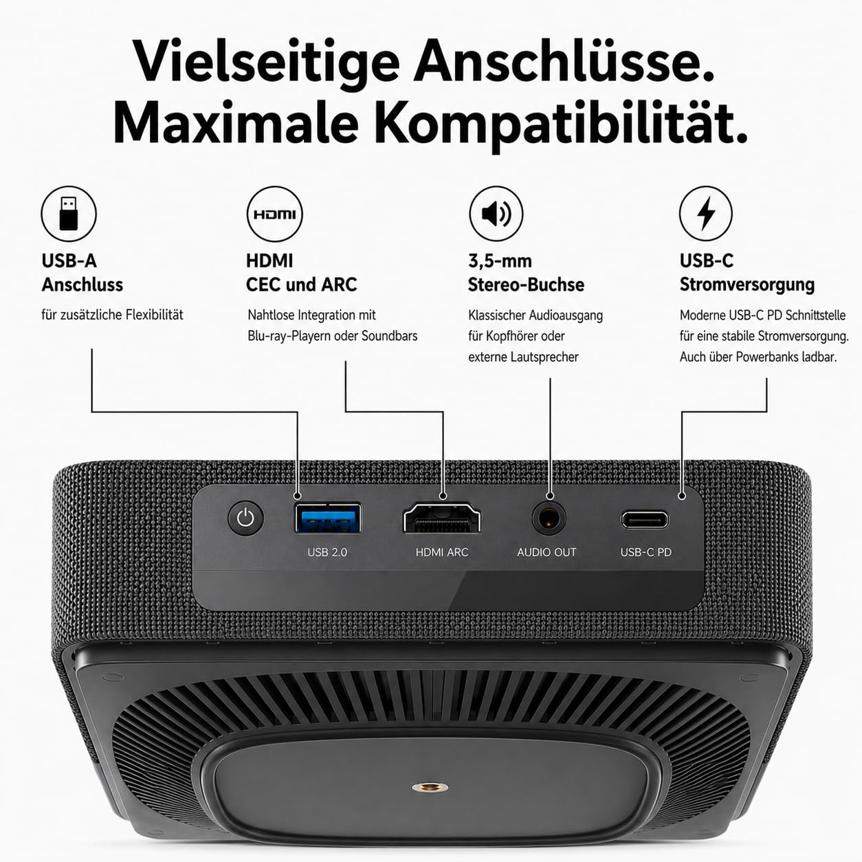 LOEWE We. Beam, Mini Beamer, Projektor, Full HD, ALPD Laser | Entwickelt in Deutschland, Mini Beamer, Full HD, ALPD Laser, 500 ANSI Lumen, Dolby Audio Lautsprecher, 40-120 Zoll, USB-C PD