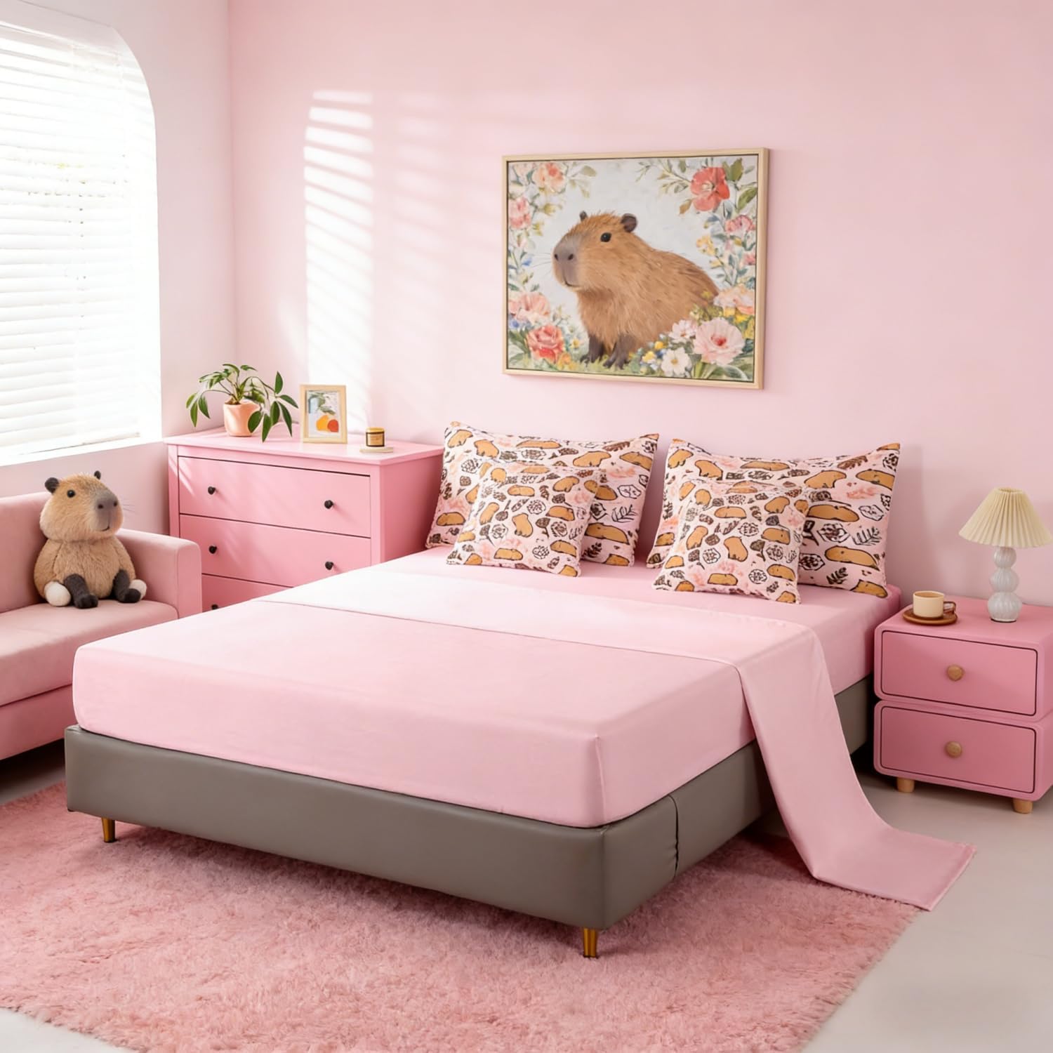 Erosebridal 7 Pcs Cartoon Capybara Bedding Set for Home, Cute Animals Queen Comforter Set with Sheets for Kids Boys Girls Women Men, Branches Bed in A Bag, Florals Bedding Comforter Sets, Pink