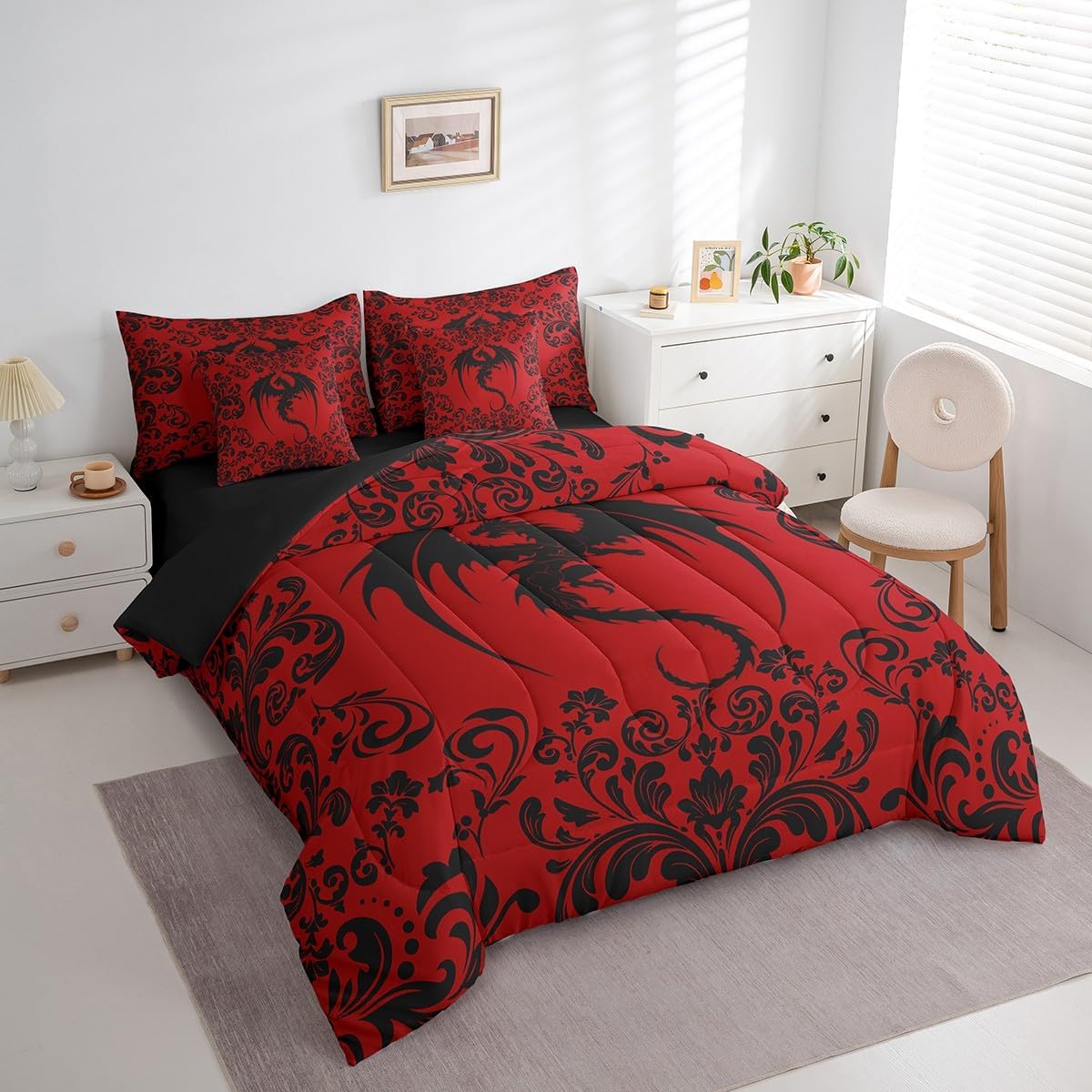 Erosebridal Gothic Dragon King Comforter Set 7 Piece Goth Red Black Damask Bedding for Kids Boys Men Bohemian Exotic Floral Animal Bed in A Bag Victorian Baroque Dragon Sheet Set with Comforter