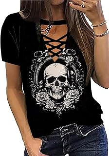 Skull Floral Criss-Cross Hollow Out T-Shirt Women Funny...