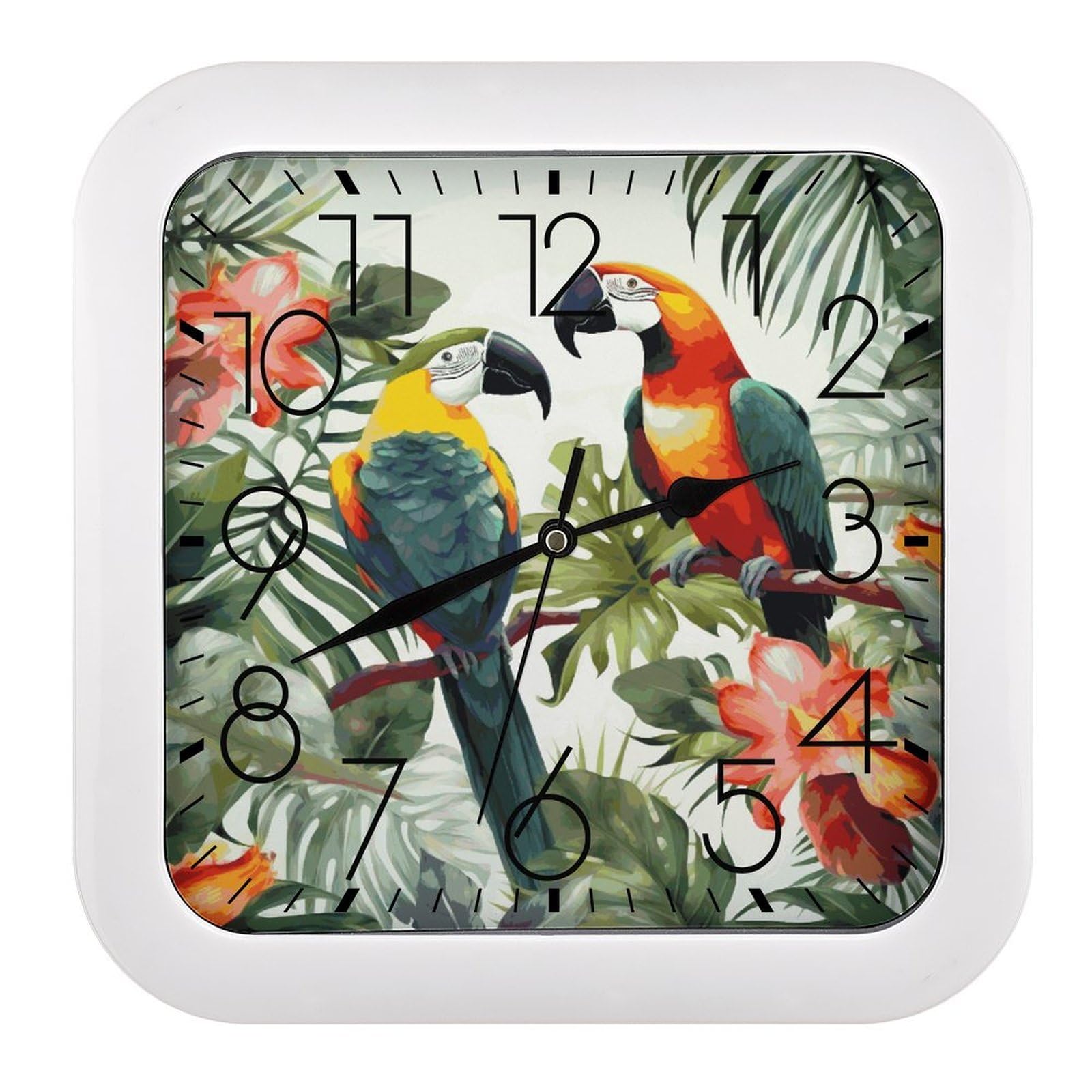 JTREHY Toucans Parrot Palm Tree Leaves Wall Clock The Sound is Soft Square Timepiece Fashion Precise Easy to Read Numbers | Perfect Living Room Kitchen Or Office Clocks