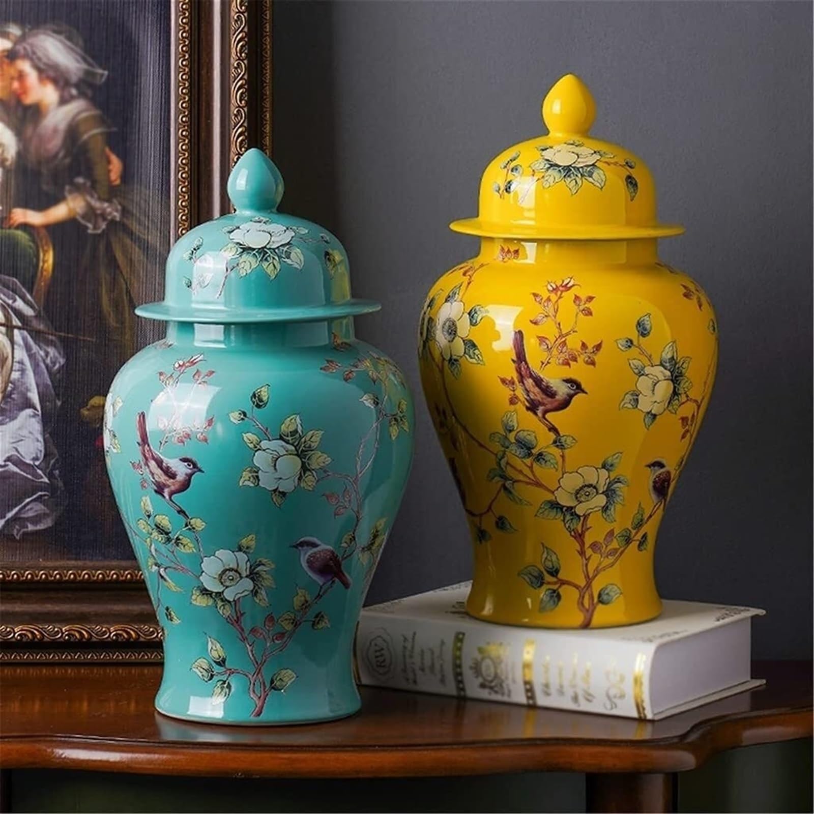 Jingdezhen żółty imbirowy słoik na słoik inspirowany naturą ceramiczny słoik na świątynię z motywem kwiatów i ptaków, dekoracja domu, akcent (duży zielony)