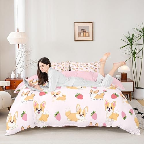 Miniatura 3 de Feelyou Funda de edredón con estampado de perro, tamaño individual, funda de edredón de cachorro de caricatura, lindo juego de ropa de cama con