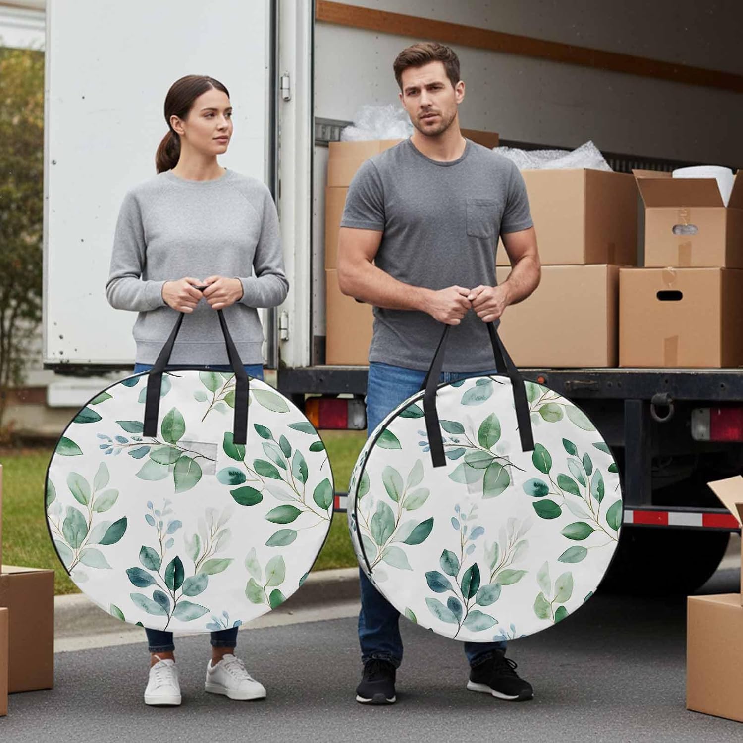 Sage Green Eucalyptus Round Storage Bag 30 Inch, Spring Summer Watercolor Plant Leaves Clothes Storage Container with Handles Heavy Duty Organizer for Comforter, Bedding & Holiday Wreaths
