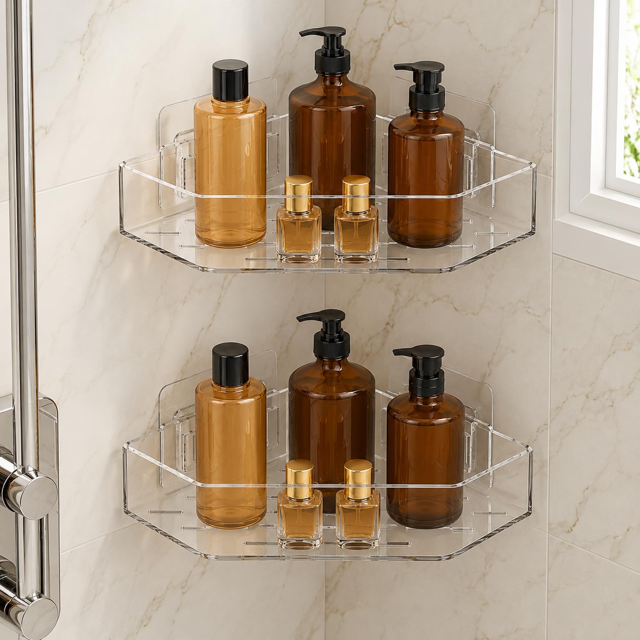 Premium Acrylic Bathroom Corner Shelf (Pack of 2) | Self-Adhesive Wall Mount Storage Rack | Luxury Clear Corner Organizer for Bathroom, Kitchen & Living Room Decor - No Drilling Required-picture-27