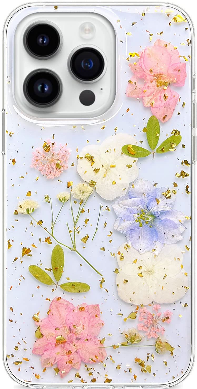 Abbery Designed for iPhone 13 Pro Pressed Flower Case, Cute Bling Glitter Sparkle Clear with Design Soft Silicone TPU Rubber Dried Real Flowers Floral
