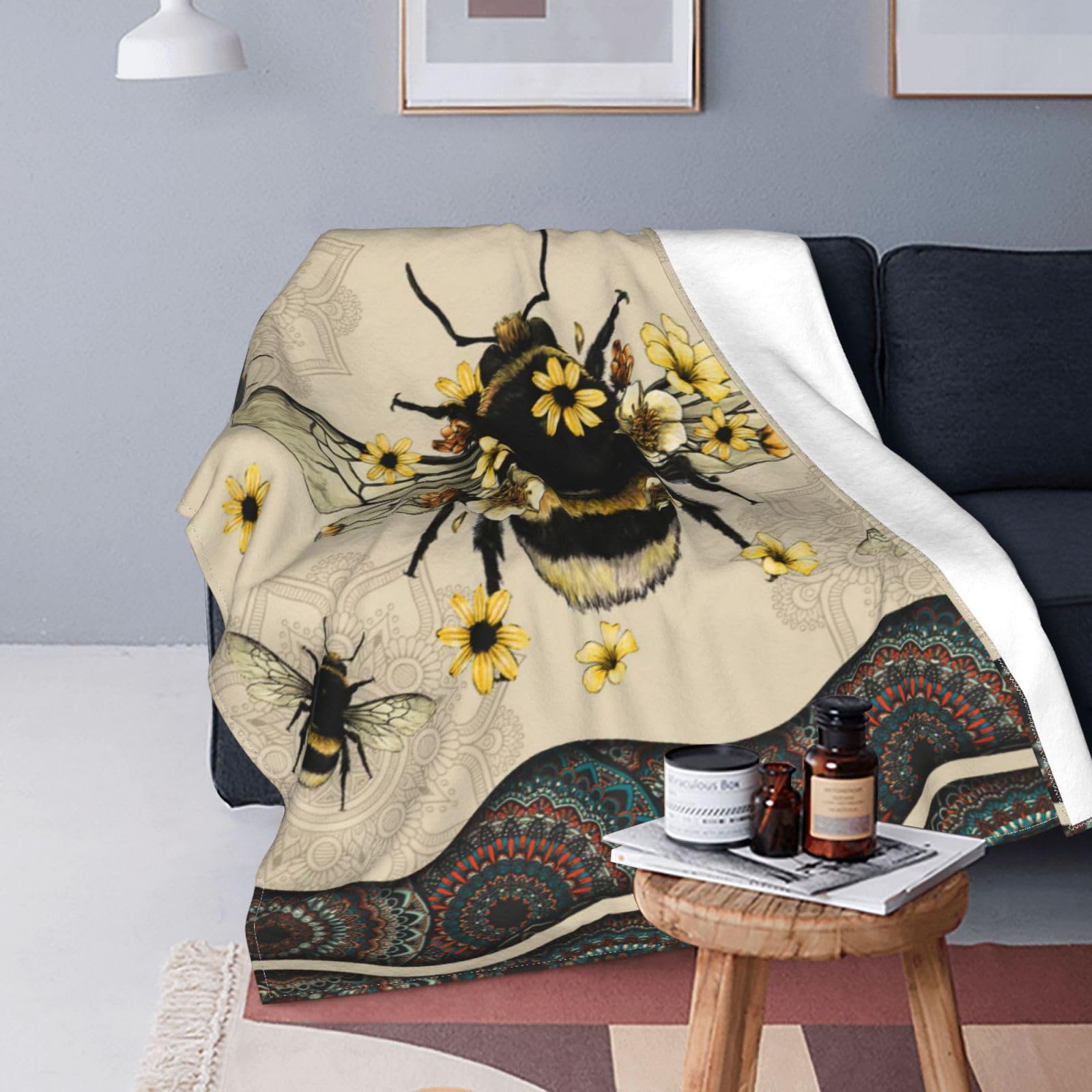 Manta con diseño de abejas y girasoles, súper cálida, suave, ligera, forro polar, franela, bohemio, para invierno, regalos para niñas, niños, bebés, mujeres, sofá, ropa de cama, 50 x 60 pulgadas