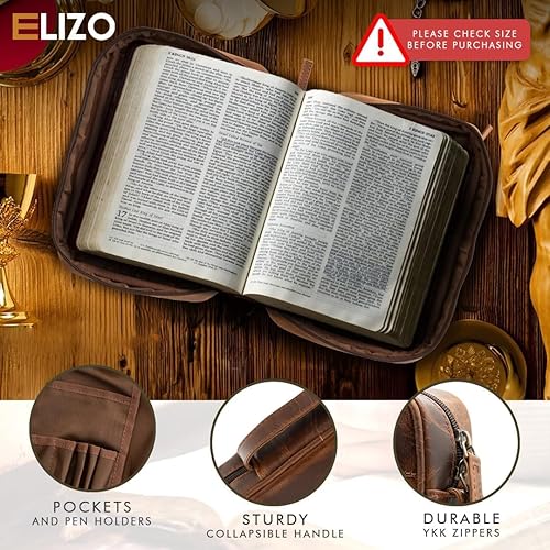Miniatura 2 de Elizo Funda de cuero para la Biblia para hombres y mujeres, funda de libro grande con cremallera, bolsa de transporte para la Biblia de iglesia,