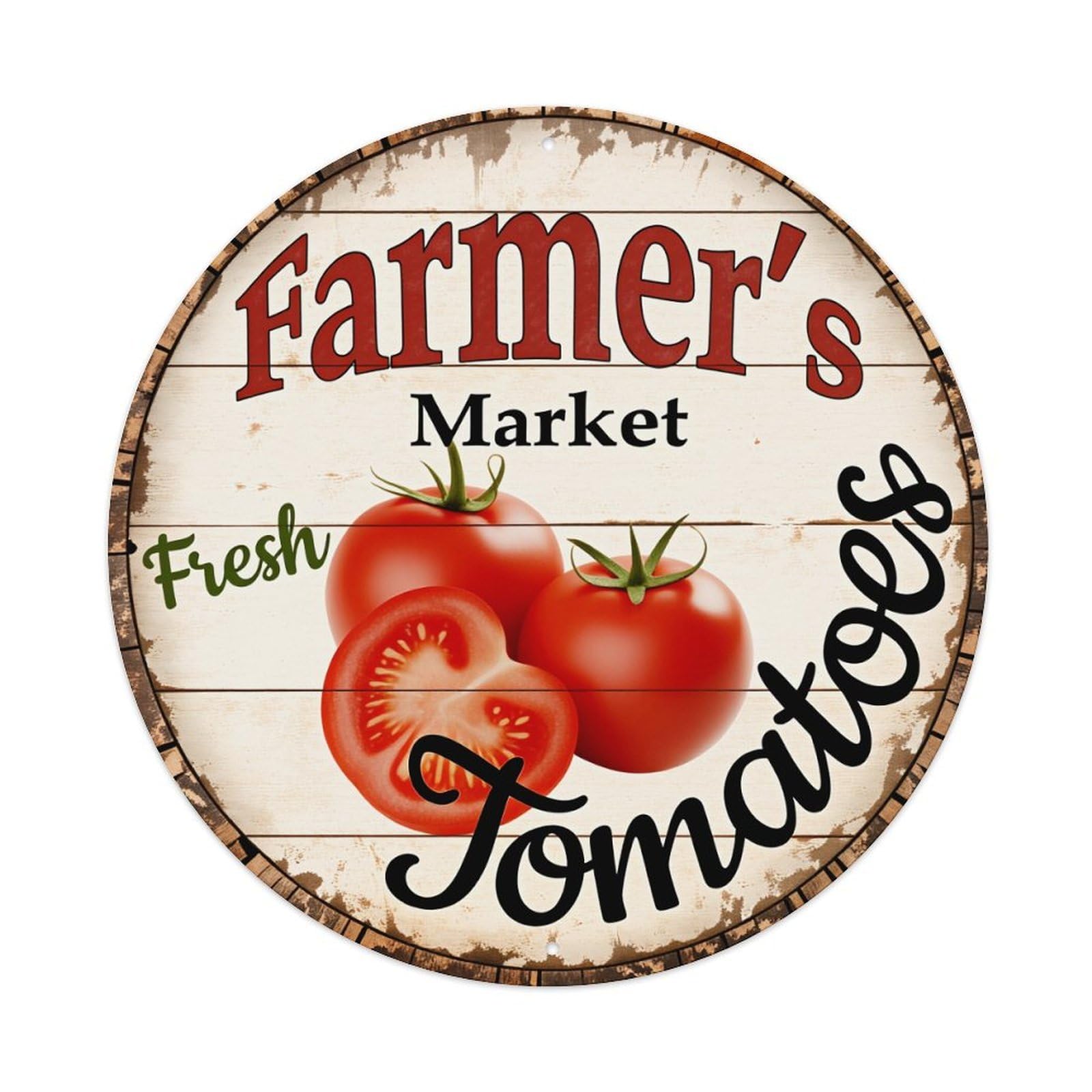 Farmer's Market Fresh Tomatoes Round Tin Sign Vintage Style Metal Sign Home Bar Garden Wall Plaque Decor Metal Poster 8x8 Inch