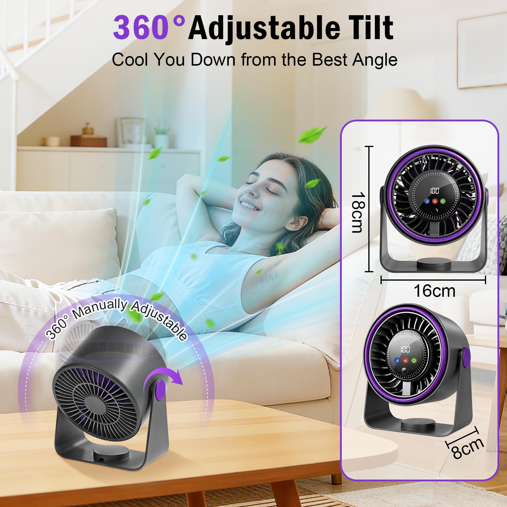 Ventilatore da Tavolo Silenzioso, Ventilatore USB Potente a Batteria Ricaricabile 3 in 1 Ventilatore Portatile 5 Velocità 360° Regolabile Ventilatore da Scrivania per Campeggio Ufficio Cucina Camper