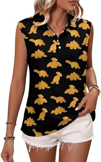 Cute Dinosaur Chicken Nuggets Pattern Womens Sleeveless Shirts Business Blouses Polo Tank Tops Summer Golf Shirt