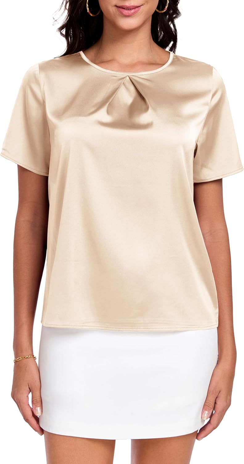 Wantschun Womens Silk Satin Shirt Casual Short Sleeve Blouse Basic Round Neck Pleated Work Tops - Image 6