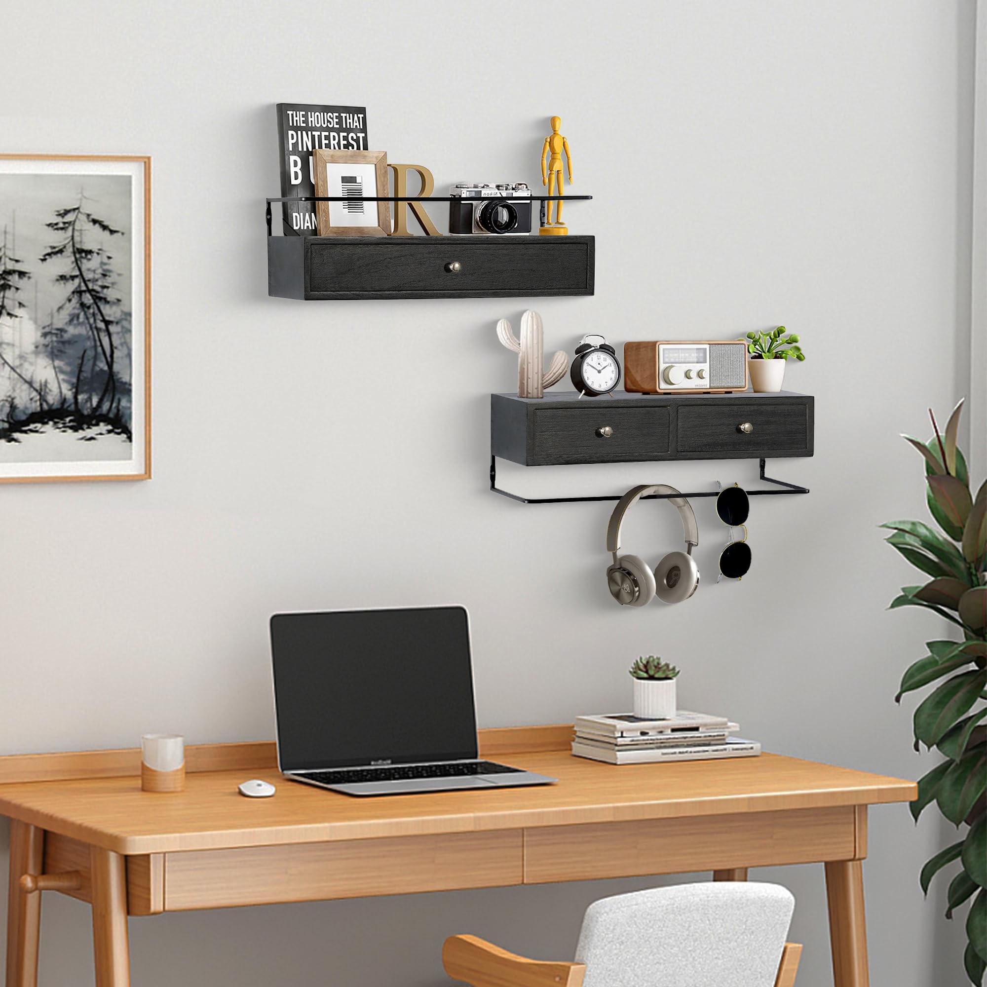 dreampossible Paquete de 2 estantes flotantes rústicos con cajón, negro, 15.8 pulgadas de largo, montaje en pared, baño, cocina, sala de estar