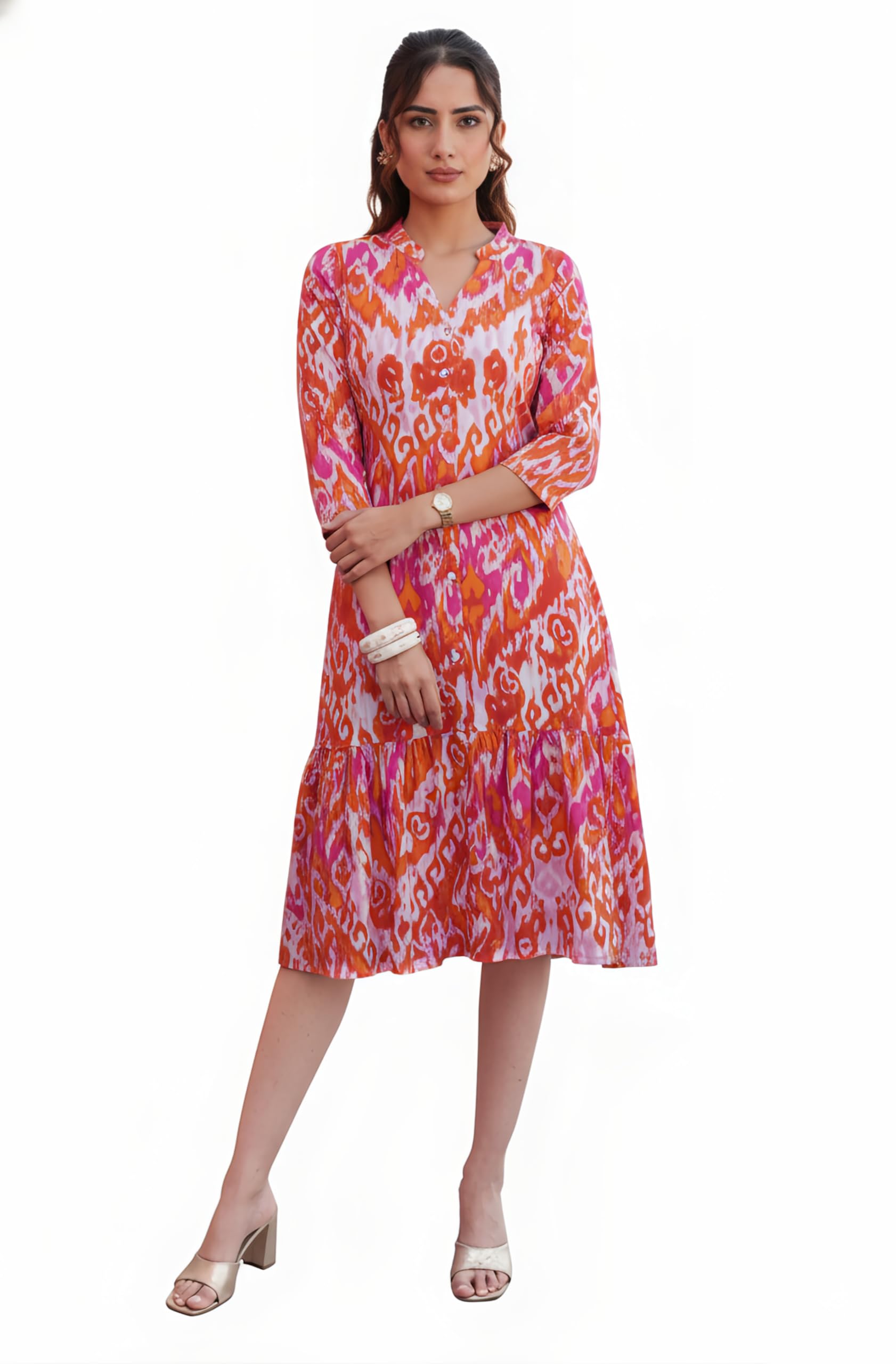 janasya Women's Multi Color Pure Cotton Ikkat Printed Fit & Flare Dress-picture-39
