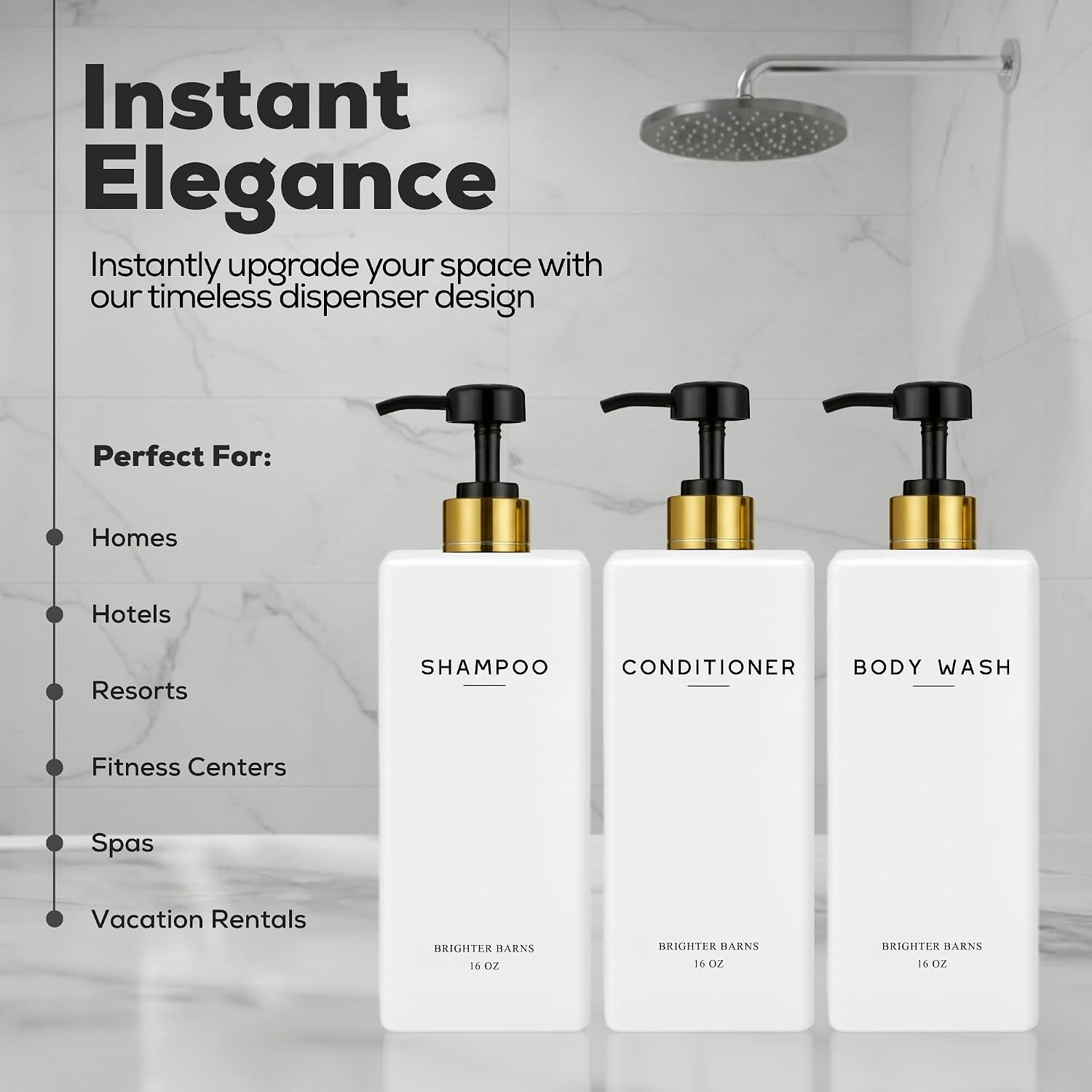 white shampoo and conditioner dispenser set by brighter barns - refillable shampoo and conditioner bottles - reusable shower soap dispenser in hotel, gold bathroom, guest house, modern airbnb (white)