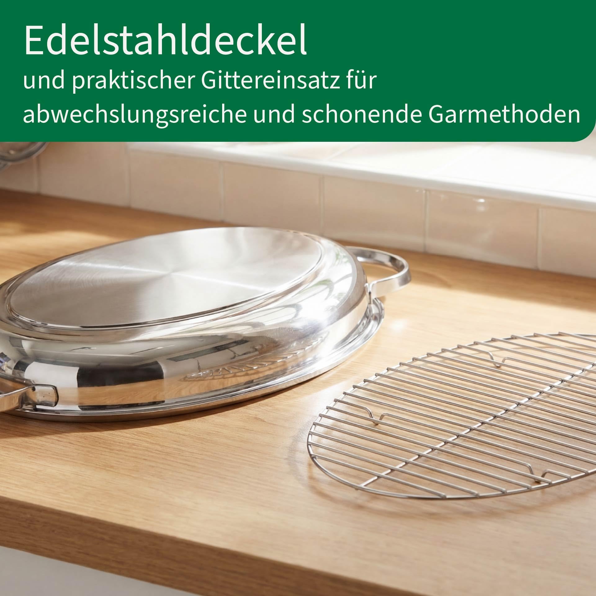 Chefkoch trifft Fackelmann Bräter Rosenheim – Ø38 cm, mit Edelstahldeckel, Gussgriff und Rosteinsatz, für alle Herdarten, Spülmaschinengeeignet