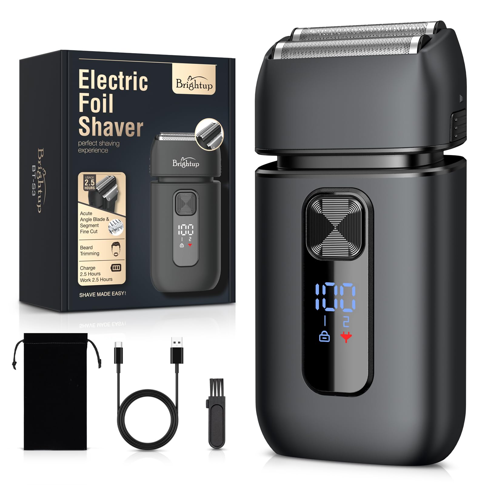 Brightup Electric Foil Shavers for Men - Smooth & Close Electric Razor for Men with Pop Up Trimmer - Wet Dry Shaving/Travel Lock/LED Display/IPX6