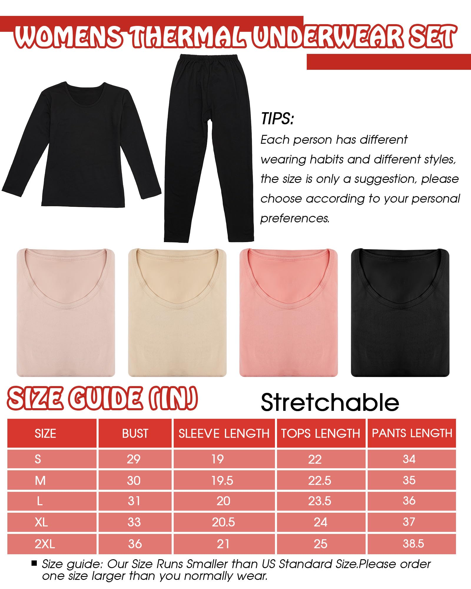 4 Pieces Fleece Lined Thermal Underwear Set for Women Long Johns Base Layer Winter Cold Weather Soft Warm Top Bottom