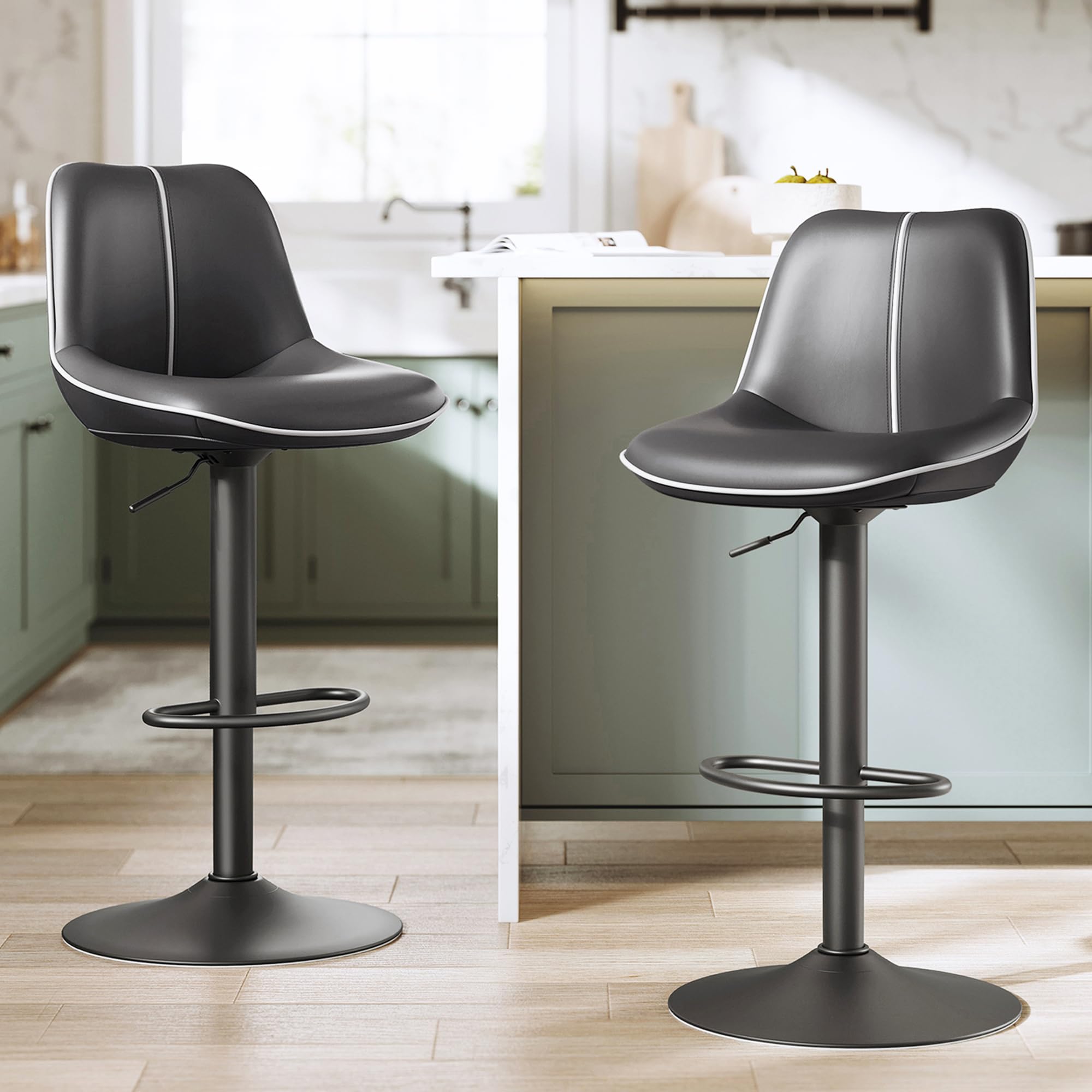 VASAGLE Bar Stools Set of 2 Adjustable Height Swivel Barstools with Ergonomic Backrest Synthetic Leather Larger Metal Base