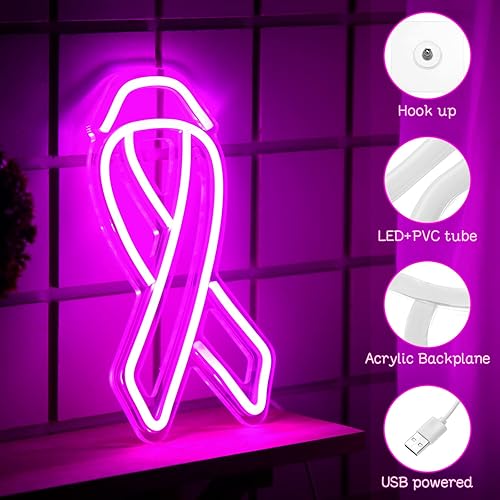 Miniatura 3 de Threan Letreros de neón para decoración de concientización sobre el cáncer de mama, cinta rosa LED, letrero de neón de 11.02 x 6.3 pulgadas, letrero