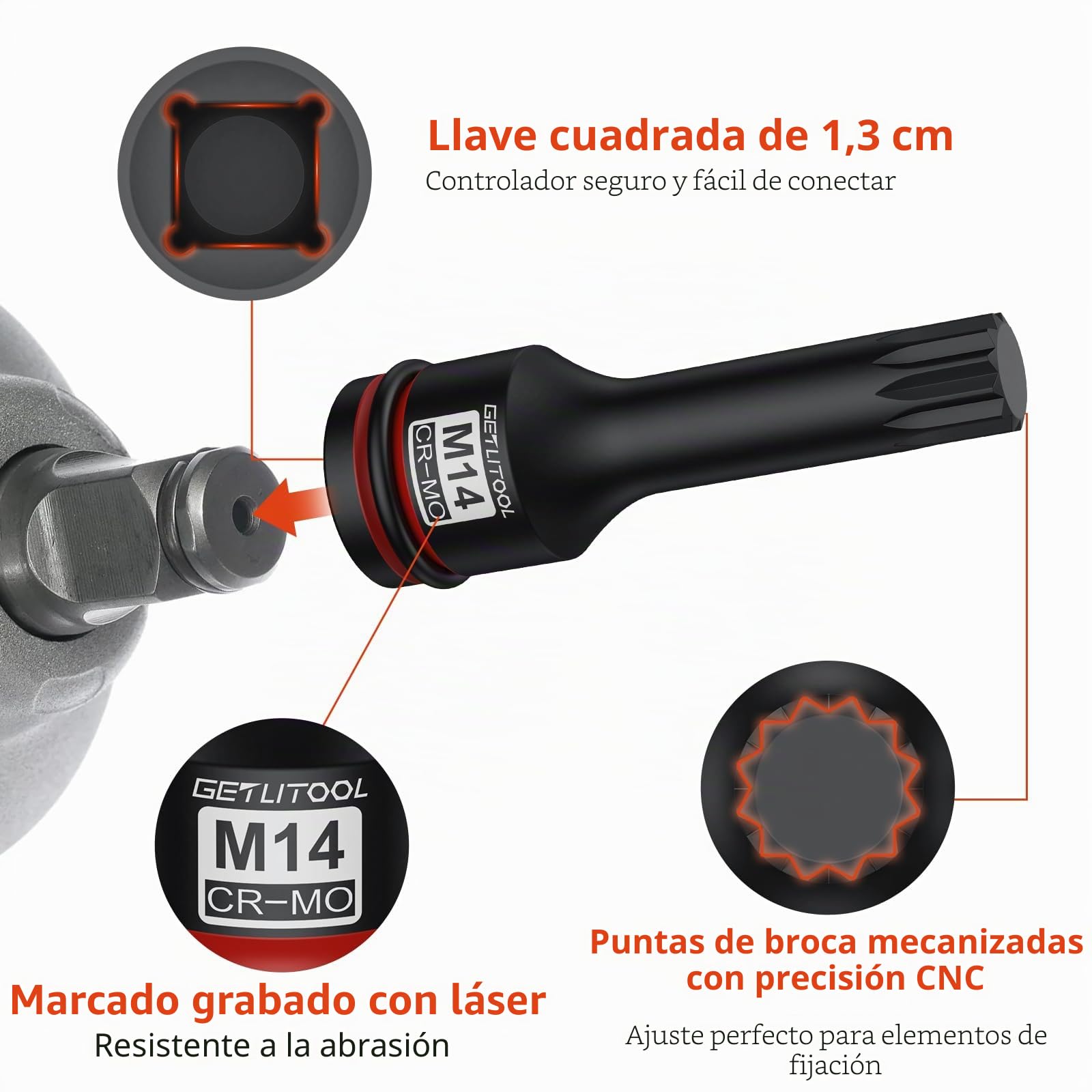 GETLITOOL Juego de 6 llaves de vaso Impact XZN M14-M18, 1/5.1 cm Drive CR-MO Impact XZN Triple Square Spline Bit Socket Set con tamaño marcado y caja de almacenamiento para reparación de automóviles
