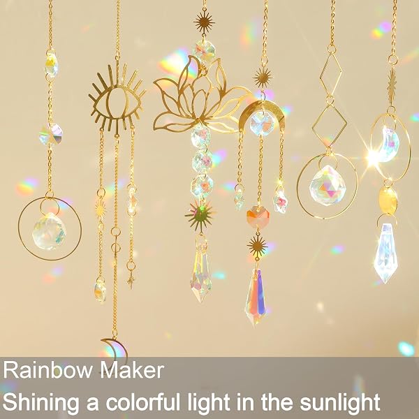 Sonnenfänger Kristall Windspiel,6 Stück Kristall Anhänger Deko,Gold Mond Stern Regenbogen Kristalle Anhänger,Regenbogen Sonnenfänger Kristal,Fensterdeko Hängend für Zuhause Büro Garten Outdoor Deko - 5