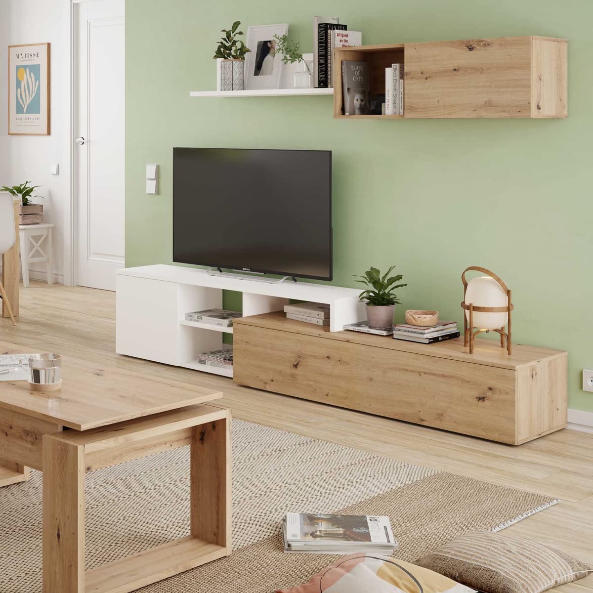 MarinelliGroup Parete attrezzata soggiorno moderna mobile TV pensile mensola sala pranzo salotto ROVERE NODI BIANCO 220 X 40 X 44 016647W
