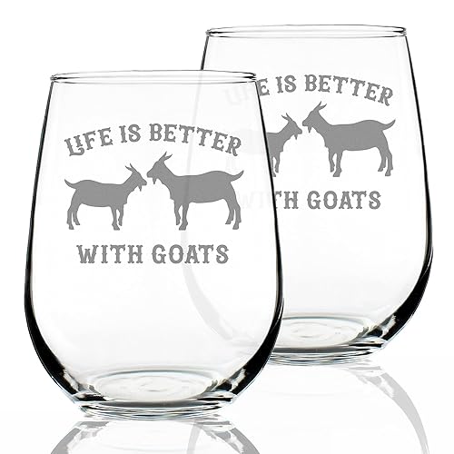 Life Is Better With Goats - Stemless Wine Glasses - Set of 2 - Funny Farm Animal Themed Decor and Gifts - Large 17 Ounce