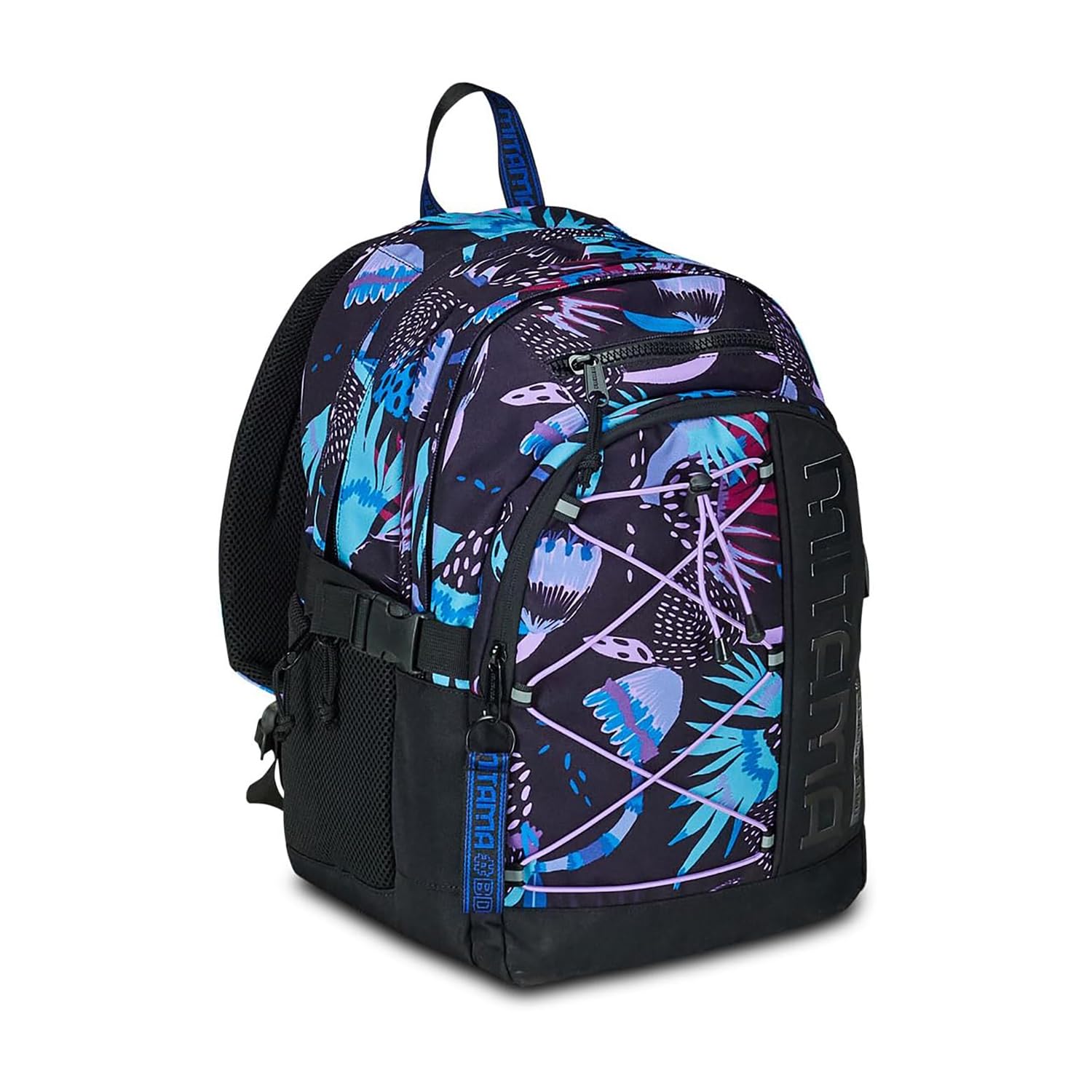 Mitama Purple Bloom Triple Compartment Backpack with PC Pocket, Black and Purple, Elementary School and Leisure, Girl, Black, Taglia Unica, Backpack