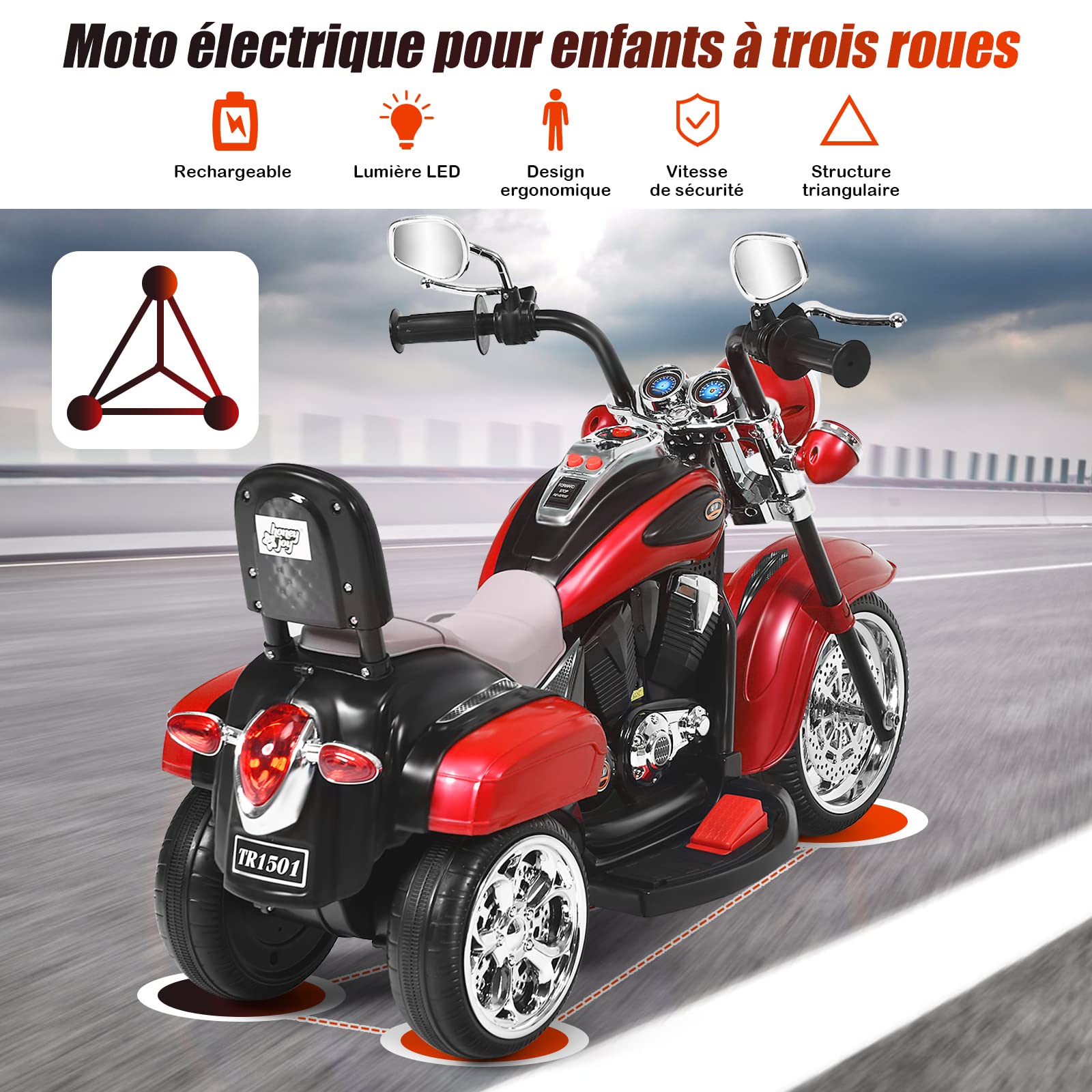 DREAMADE Moto Électrique pour Enfants 3+ Ans Charge Max. 30KG 6V 3km/h avec 3 Roues, Phare et Klaxon, Véhicule Tricycle Rechargeable (Rouge)