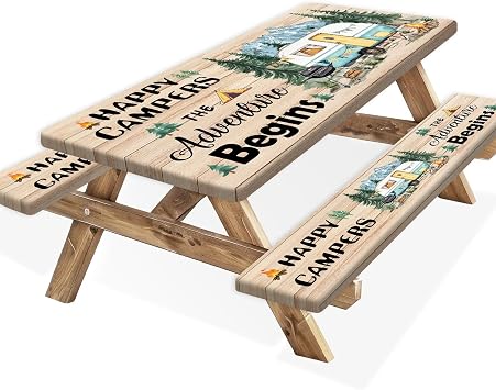 Picnic Table Cover with Bench Covers, Wooden Forest Mountain Camper Waterproof Windproof, Fitted Tablecloth Cover with Elastic Edge, for Indoor & Outdoor, Garden, Camping, 3 PCS 30x72 Inch