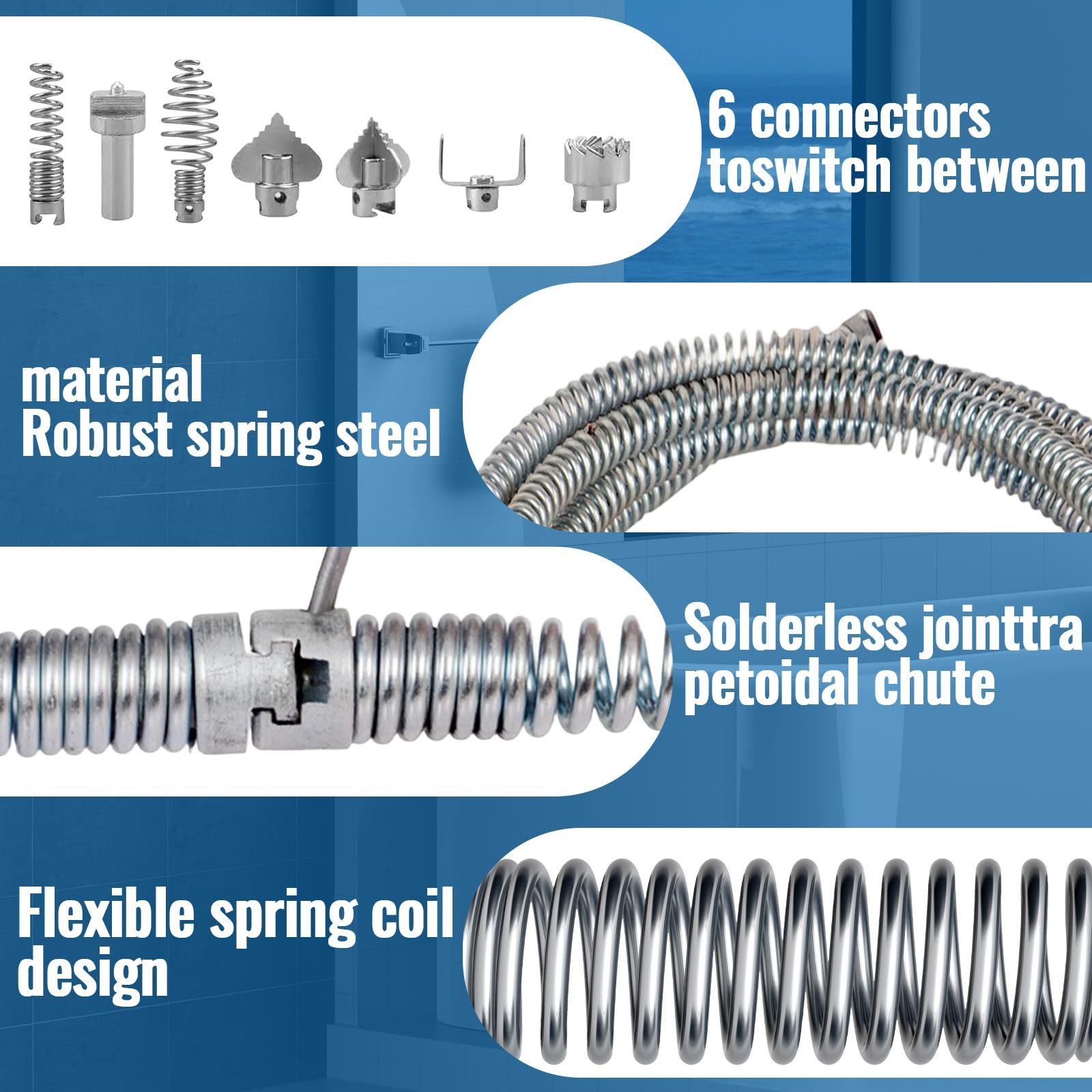 Stura Lavandini e Scarichi 5M, Sonda Sturatubi 12mm con 6 Testine, Spirale Flessibile per WC Tubi Scarico, Molla Sturatubi Acciaio con Adattatore Trapano Manuale/Elettrico