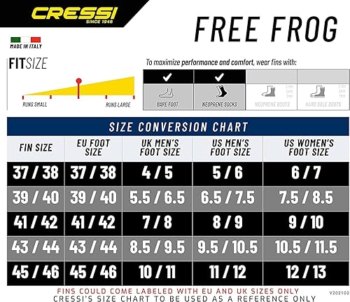 Miniatura 5 de Cressi Aletas de buceo de bolsillo para pie completo de alta resistencia  Hi-Surface Bolsillo para el pie debajo de la hoja  Free Frog Made in Italy