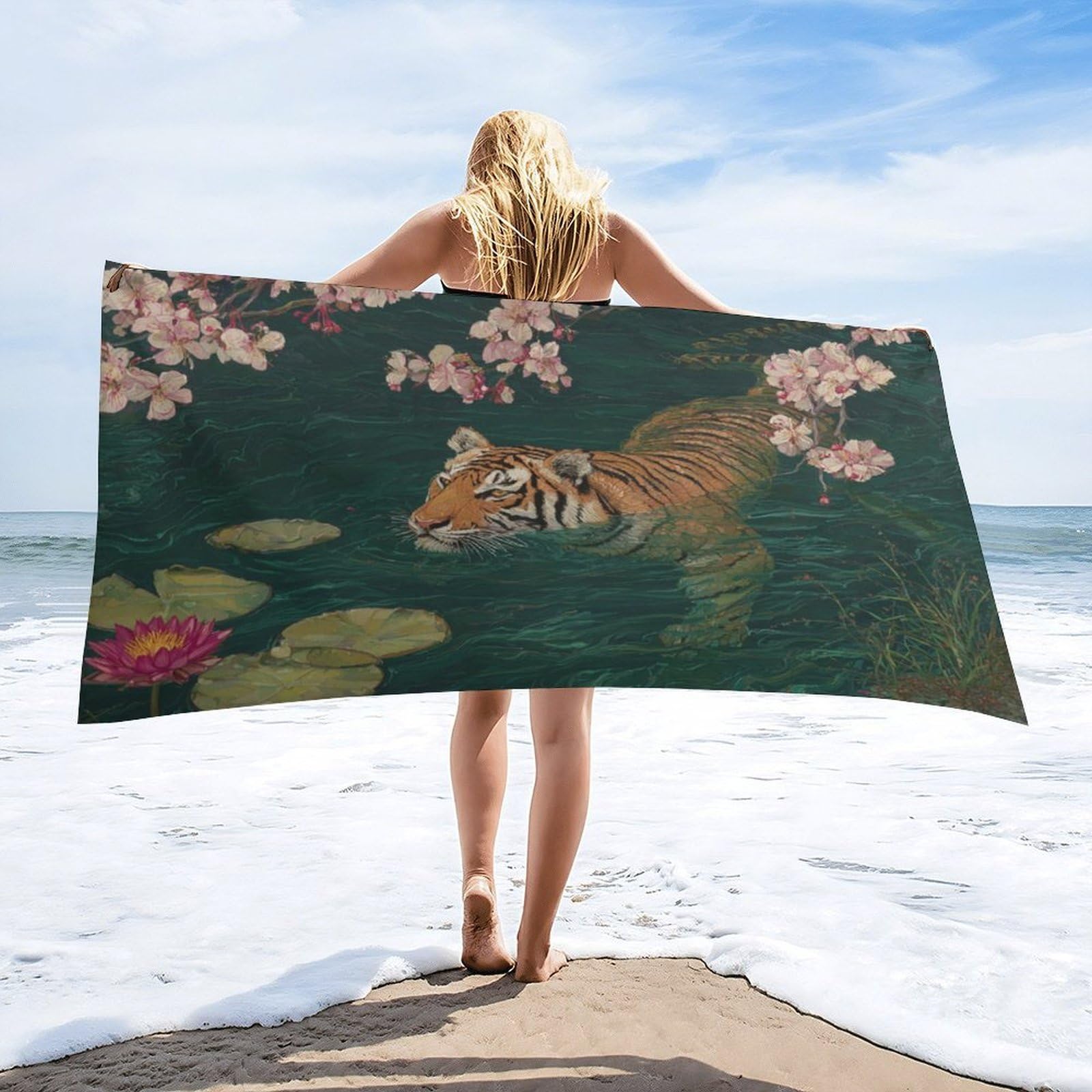 Luyysky Vintage Rustic Animal Tiger Absorbent Beach Towel, Beautiful Realistic Japanese Cherry Blossom Lotus Flowers Outdoor Single-Sided Velvet Beach Towel-80 W Cm X 160" L Cm