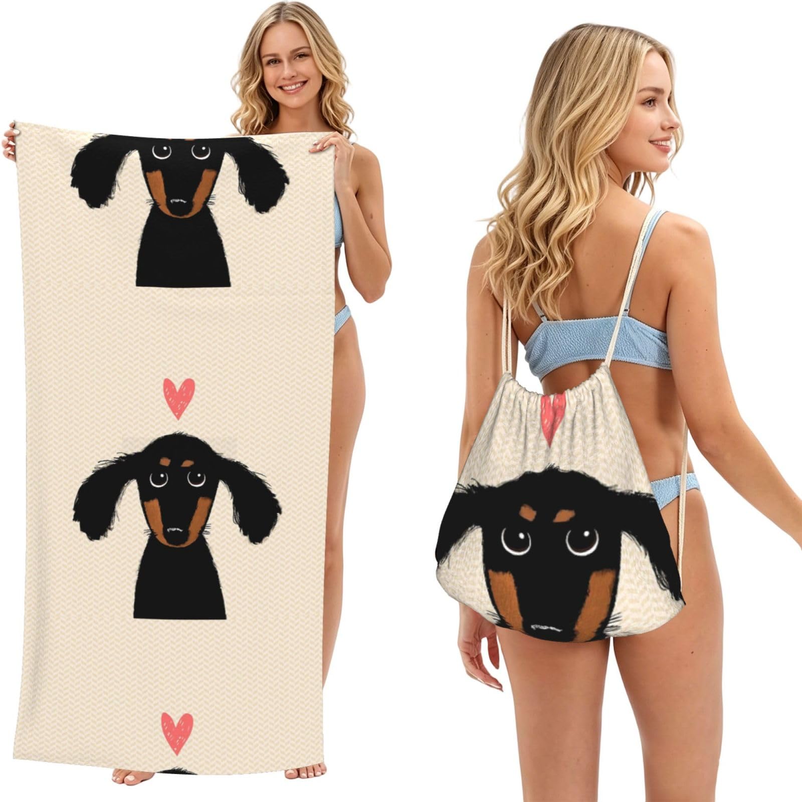Poadnly As Picture Dachshund Puppy Love, 2 In 1 Packable Towel Bag, Beach Towels With Drawstring Backpack For Travel Holiday Camping
