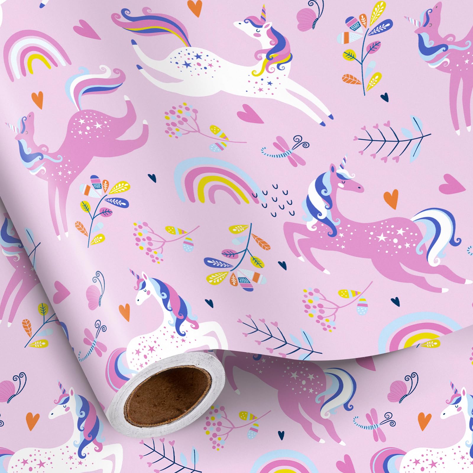 RUSPEPA Unicorn Wrapping Paper Roll for Kids Girls, Mini Roll, Pink Fantasy Unicorn with Rainbow, Star and Moon Gift Wrap Paper, Perfect for Girls