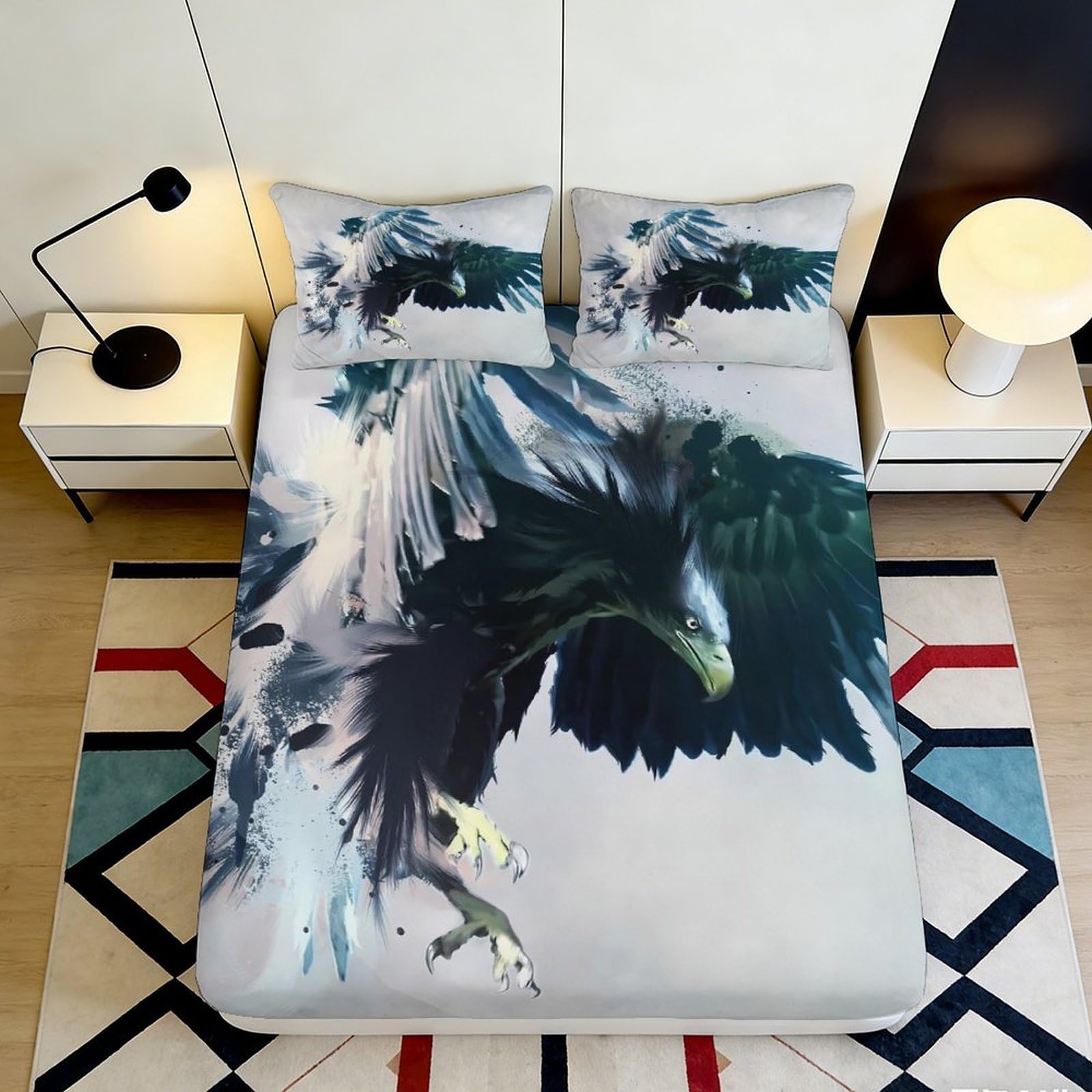 3D Printed Eagle Fitted Sheet Microfiber Soft Breathable Flying Bird Mattress Cover for Bedroom Dormitory Guest Room Mattress Protection Decor 160x200x25cm