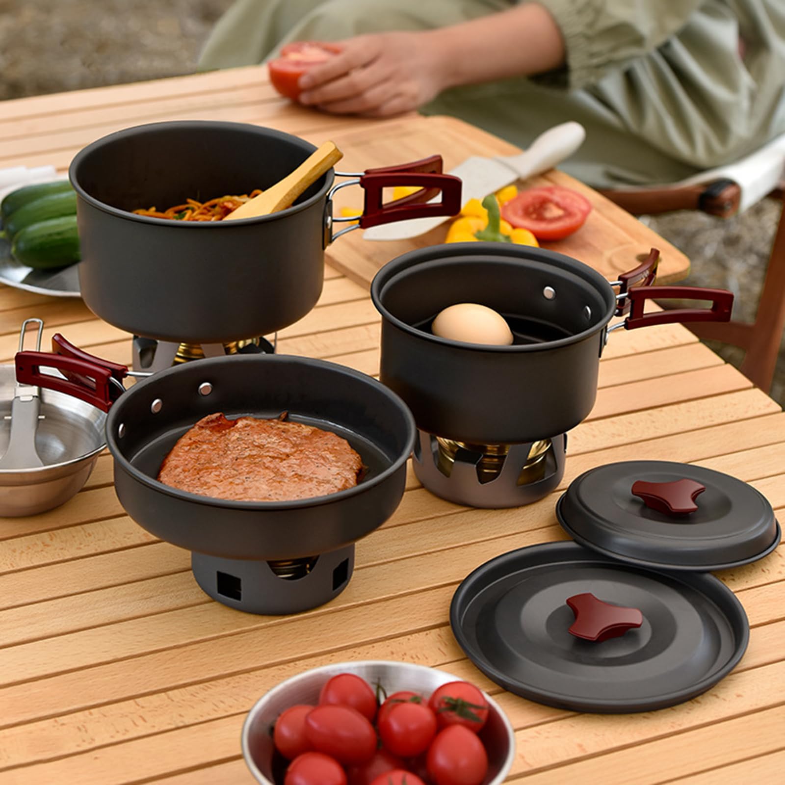 Camping Kochgeschirr Set Leichte Camping Topf Aluminium Mit Faltbare Besteck Camping Geschirr Set Picknick Topf Für Picknick Wandern Kochen Camping 2-3 Personen