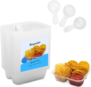 Bagulet – 12oz Nacho Tray - 100 Pack for Snack Party Food - Movie Night Cinema Party Carnival Buffet Catering Concession Stand Snack Chip and Dip Plastic Disposable Container - Includes 3 Sauce Scoops