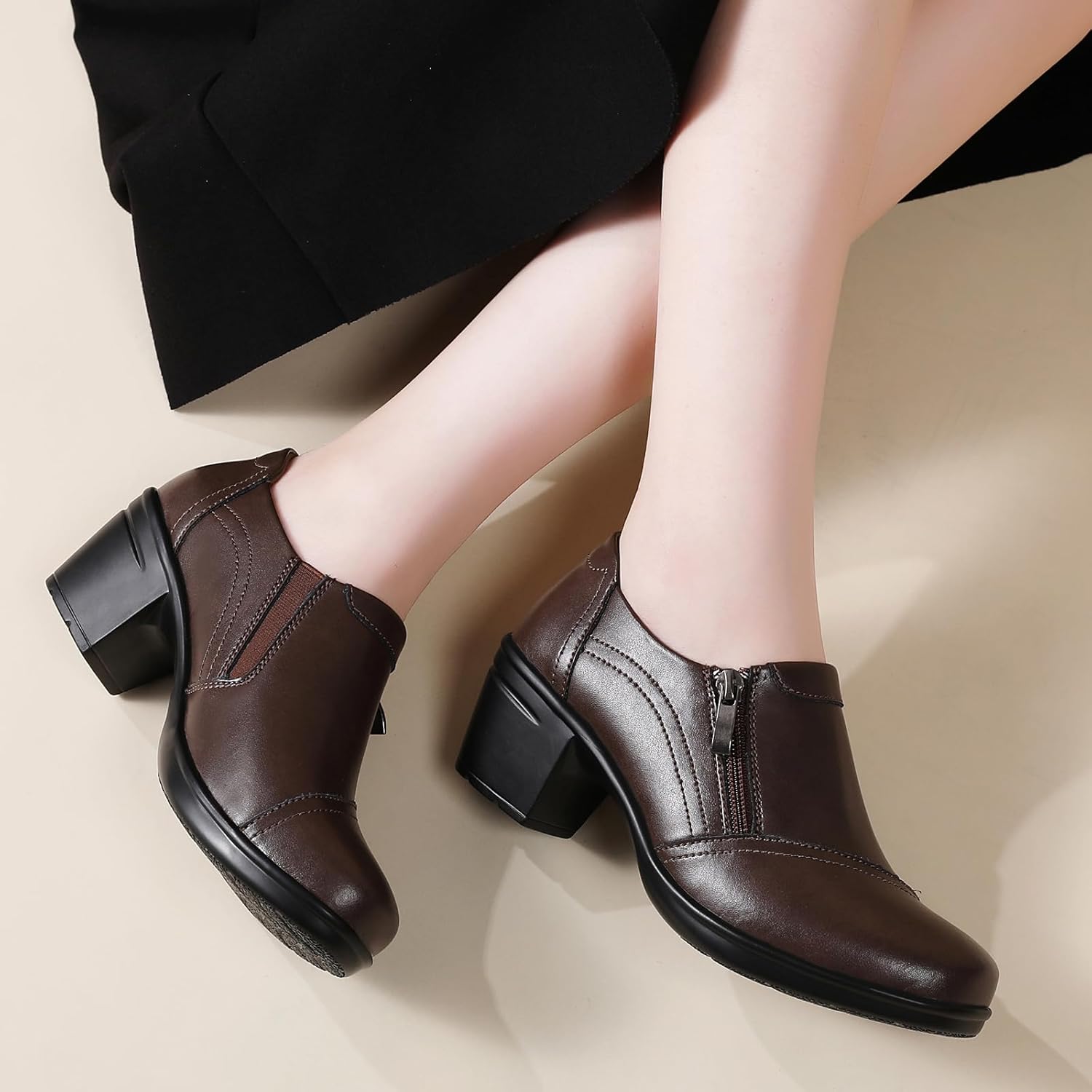 Loafers for Women Black Dress Shoes high Heel Loafers & Slip-Ons Zipper Chunky Block Comfortable Dressy Pumps Business Casual Ladies Heeled Work Office Flight Attendant Shoes - Image 8