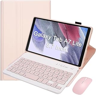 Estojo de teclado para Galaxy Tab A7 Lite 8,7 polegadas 2021 (modelo SM-T220/T225/T227), teclado Bluetooth destacável sem fio com mouse, visualização em vários ângulos, capa fina e leve,Pink