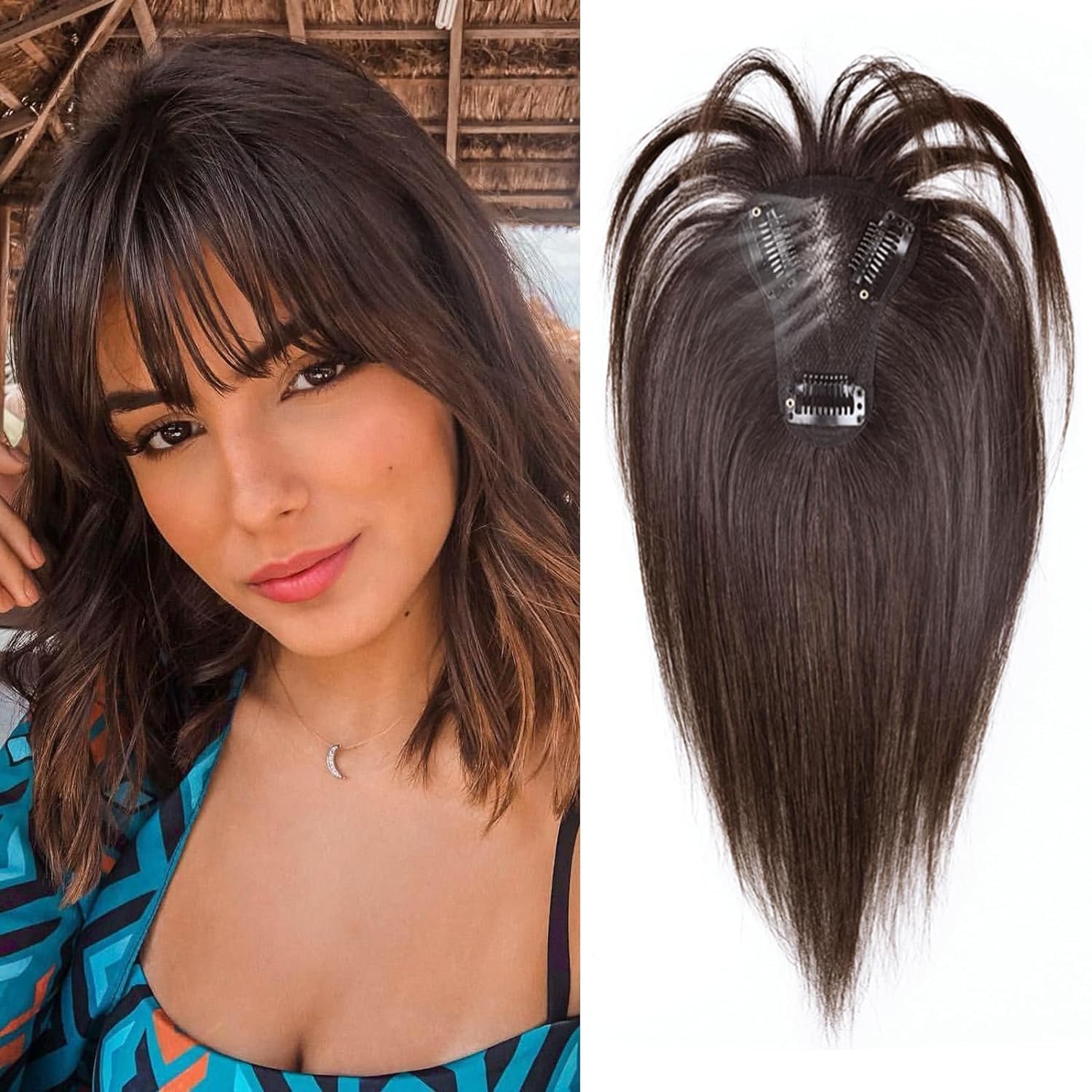 Hair Toppers for Women Real Human Hair, Bangs Hair Clip 360° 3D Cover French Fake Clip in Bangs Hair Extensions, Hair Topper Hair Pieces for Women (Dark Brown, 3D 7 * 9 French Bangs)