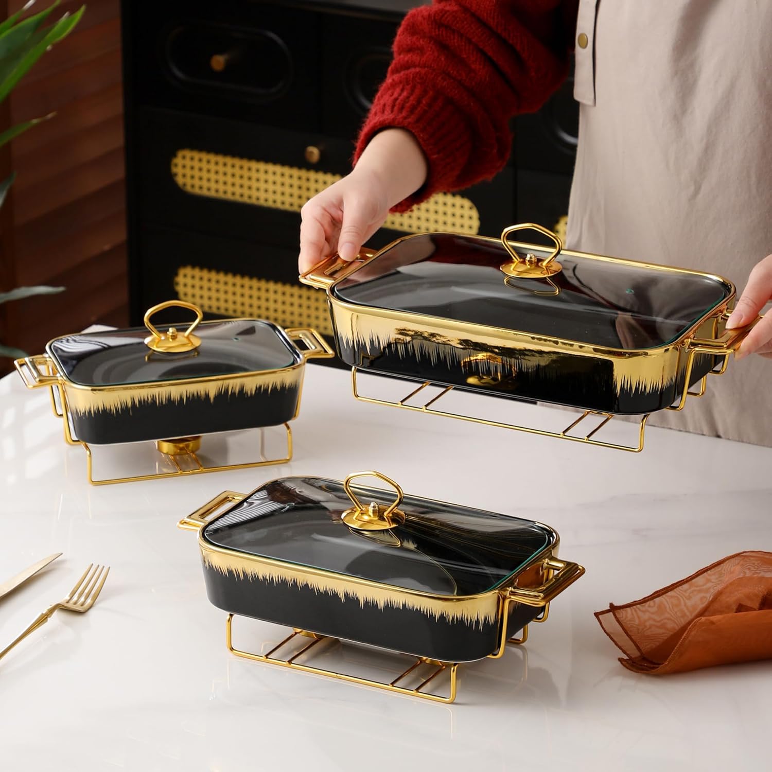 Ceramics Chafing Dishes for Buffet,Gold Chafer with Imitation Marble Finish, Chafers and Buffet Warmers Sets for Weddings,Parties, Banquets,Catering Events,3 Pack(1.0L,1.3L,1.9L)