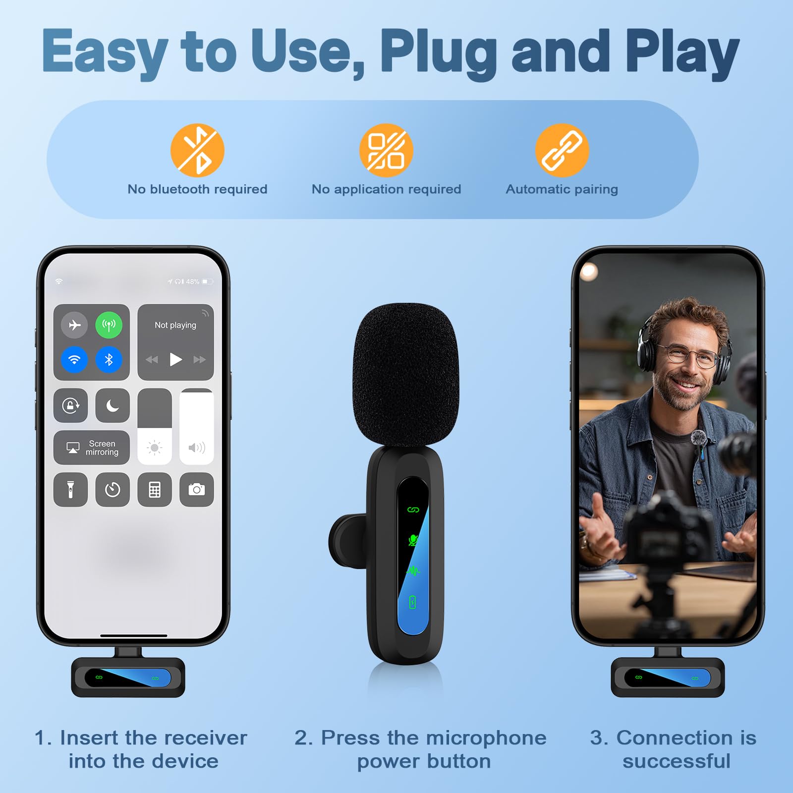 Microfono Lavalier iPhone/Android/PC, senza Fili Type-C/Lightning/USB, Piccolo Microfono per Video, TikTok, YouTube, Vlog, Interviste, Riduzione Rumore, Plug & Play