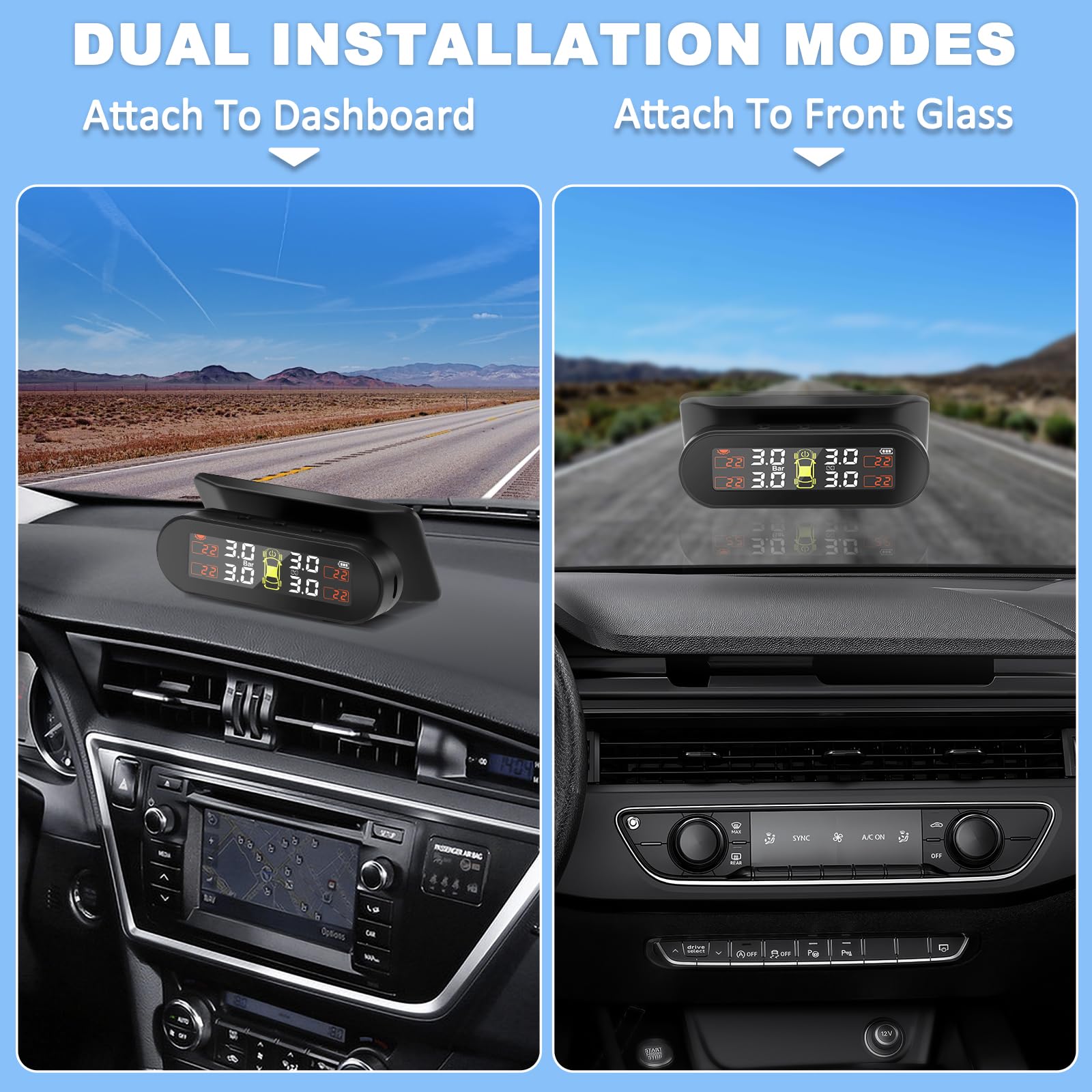 TPMS Sistema di Monitoraggio,della Pressione degli Pneumatici, Ricarica Solare/USB, 4 modalità Allarme, con 4 Sensori Esterni, per Berlina, SUV, Monovolume, Rimorchio, ECC
