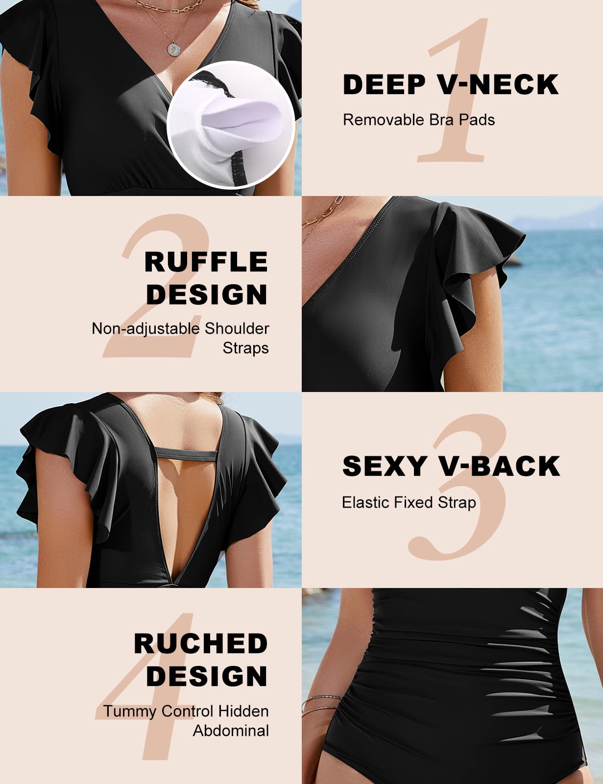 Yuson Girl Maillot de Bain Femme 1 Pièces Gainant Sexy Col en V Volants Maillots Une Pièce Contrôle Ventre Plat Push Up Monokini Elégant Vintage Rembourré Froncé Amincissant Swimsuit