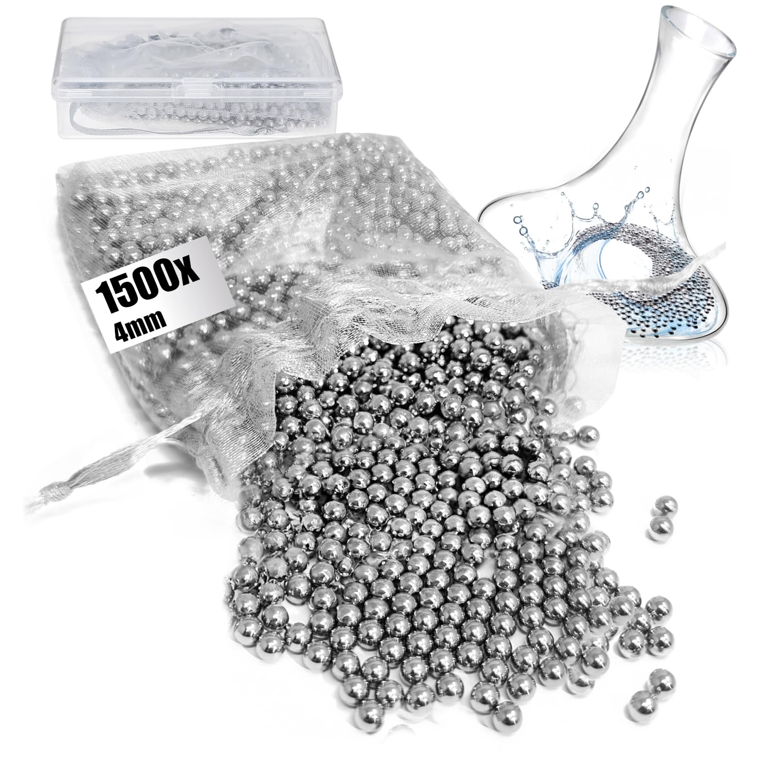 COM-FOUR® Bolas limpiadoras de acero inoxidable 1500x con caja: bolas limpiadoras para botellas, decantadores de vino, jarras de vacío y tazas térmicas (1 pieza (1500 4 mm))