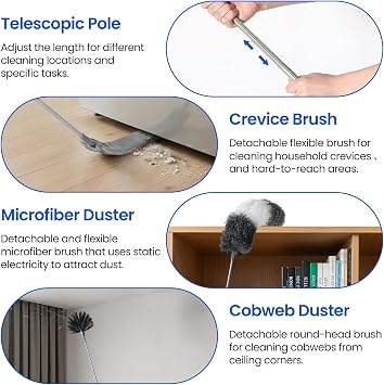 Extra-Long Dusters Kits with Extension Pole, Cobweb Duster, Microfiber Dusting Clothes for Gap, 5 in 1 Cleaning Tools with Extendable Long Handle, Blinds, High Ceilings and Fans, Cars and Furniture